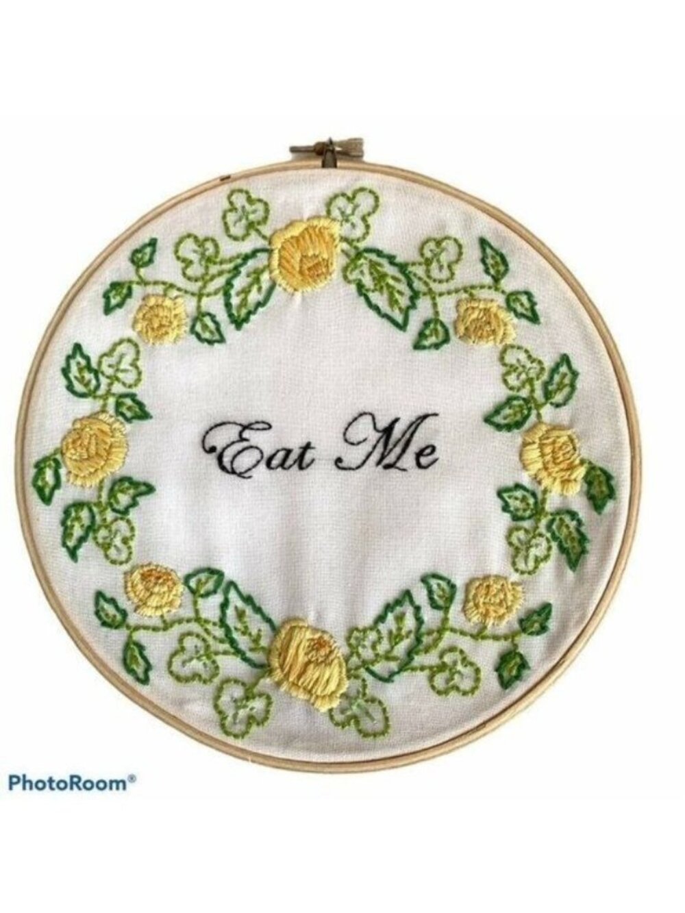 Hand Embroidered Hoop Wall Art 'Eat Me' Sz 8" x 8"
